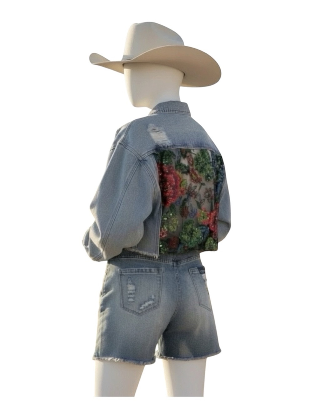 VEVERET gorgeous jean jacket sheer sequin back distressed detail size S M L